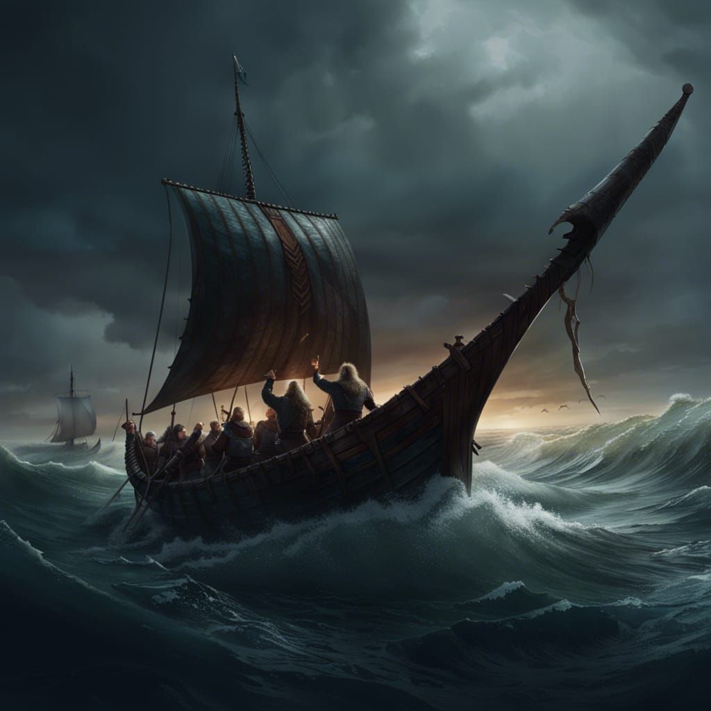 Viking Longship in Stormy Seas: Dark Fantasy Art
