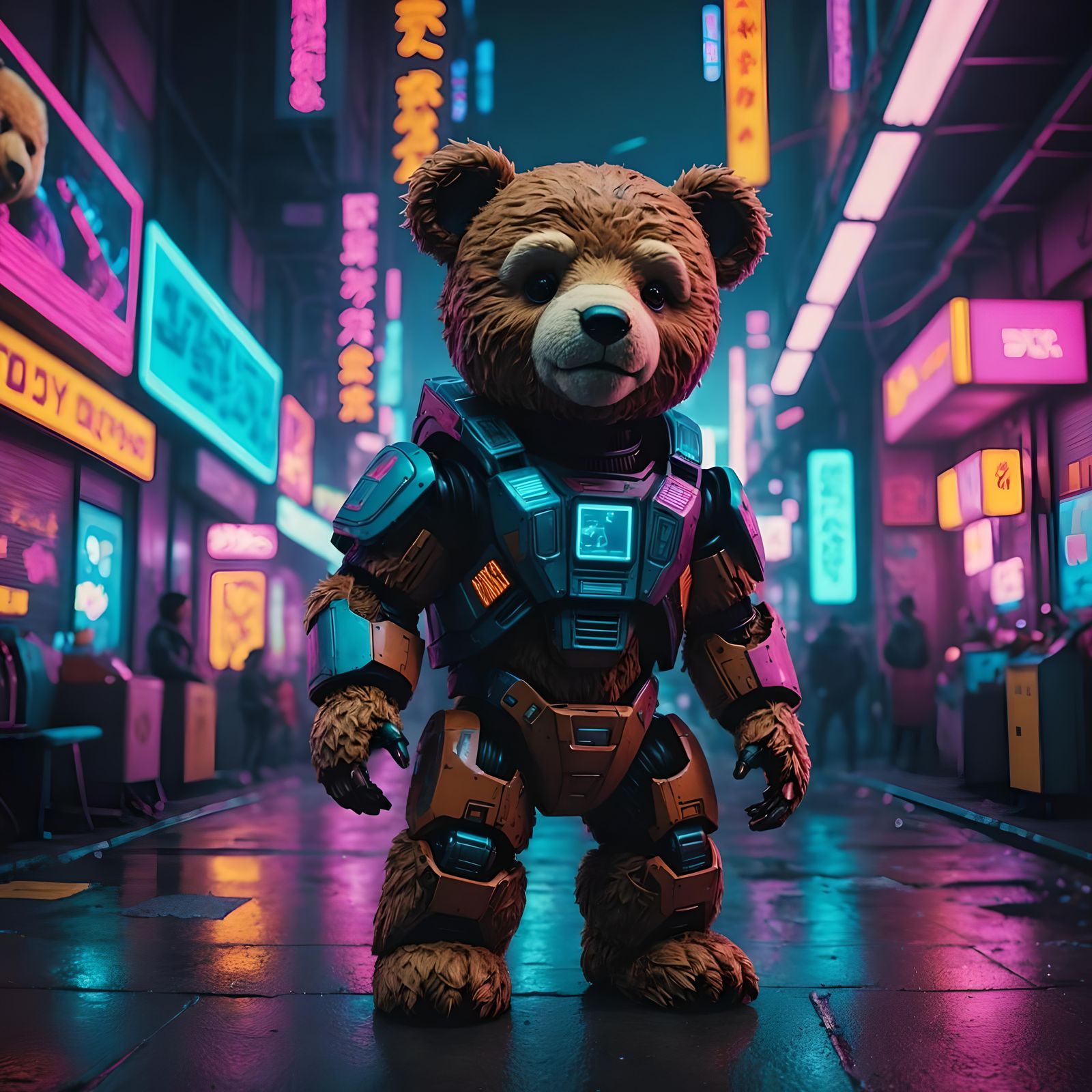 Cyberpunk Teddy Bear in Neon Dystopia