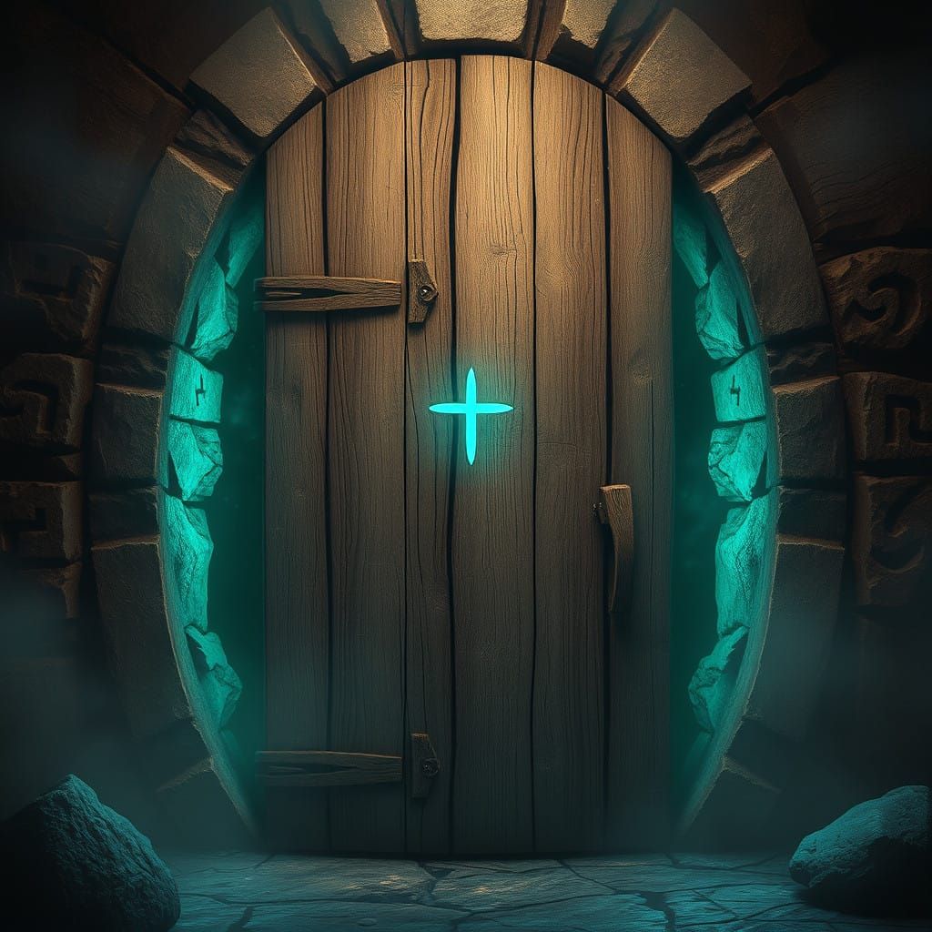 Ancient Door Glows with Protective Runes in Mystical Forebod...