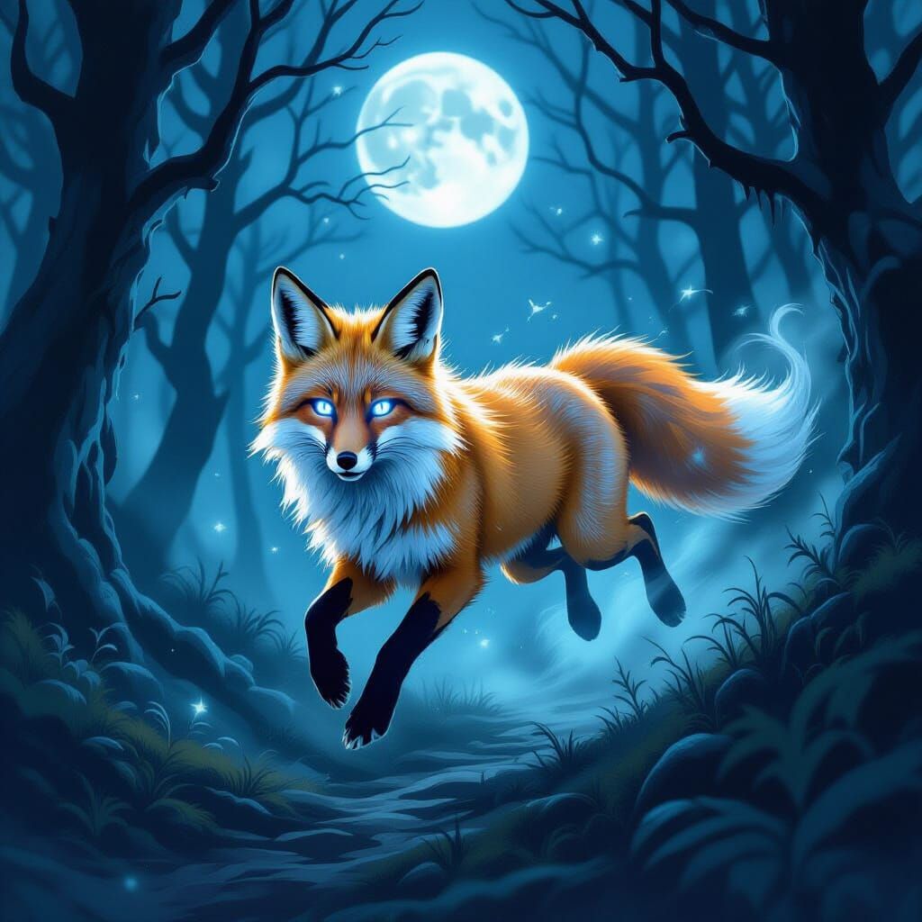 Spectral Fox Leaping Through Moonlit Forest