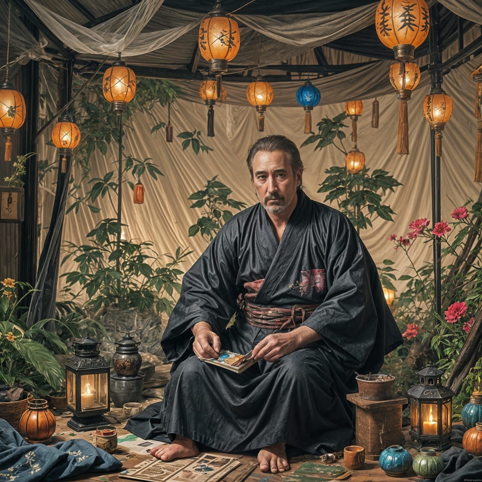 American Man Painting Kanji in Tent, Fantasy Concept Art