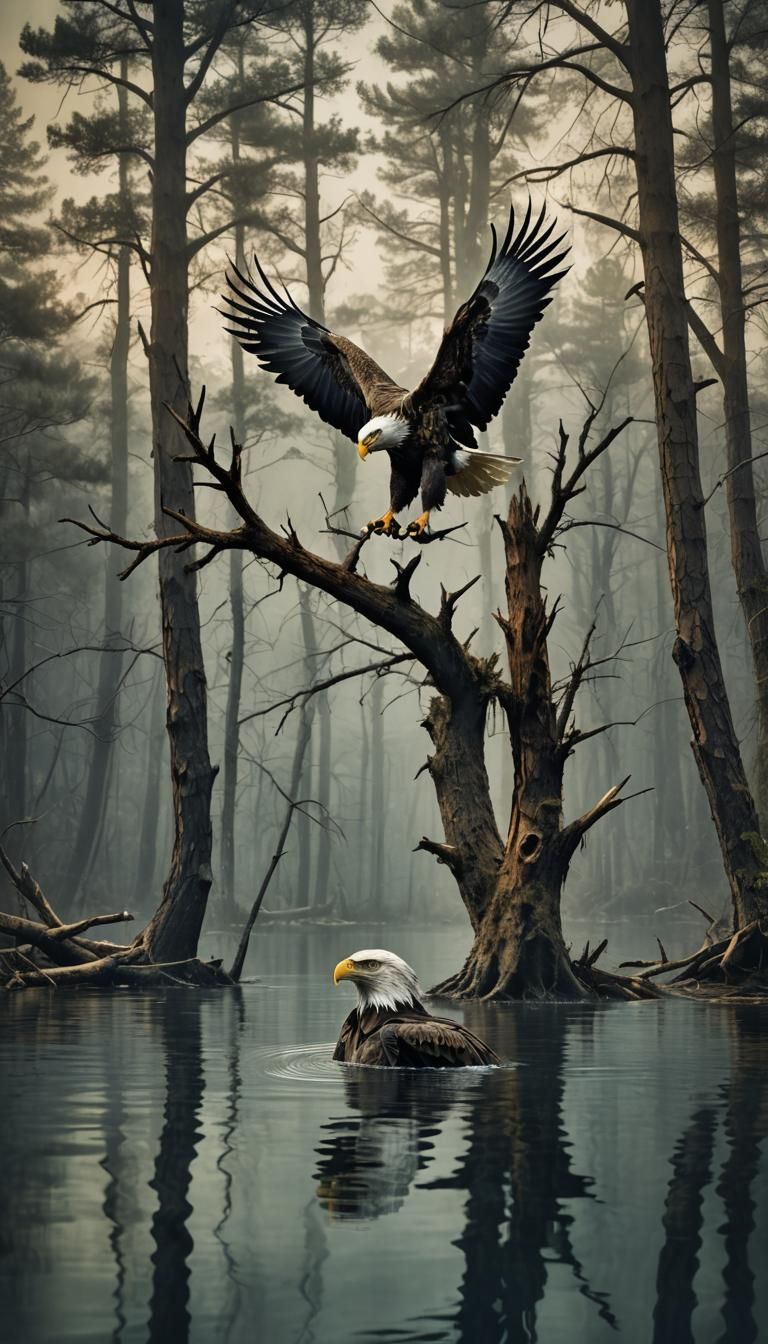 Eagle Double Exposure: Moody Woodsy Wildlife Design