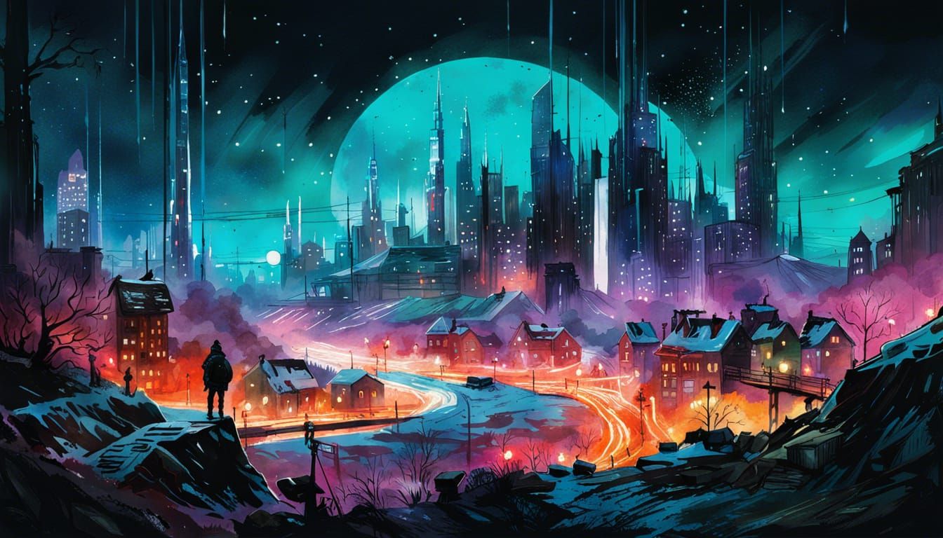 Cyberpunk City in Winter Watercolor Painting