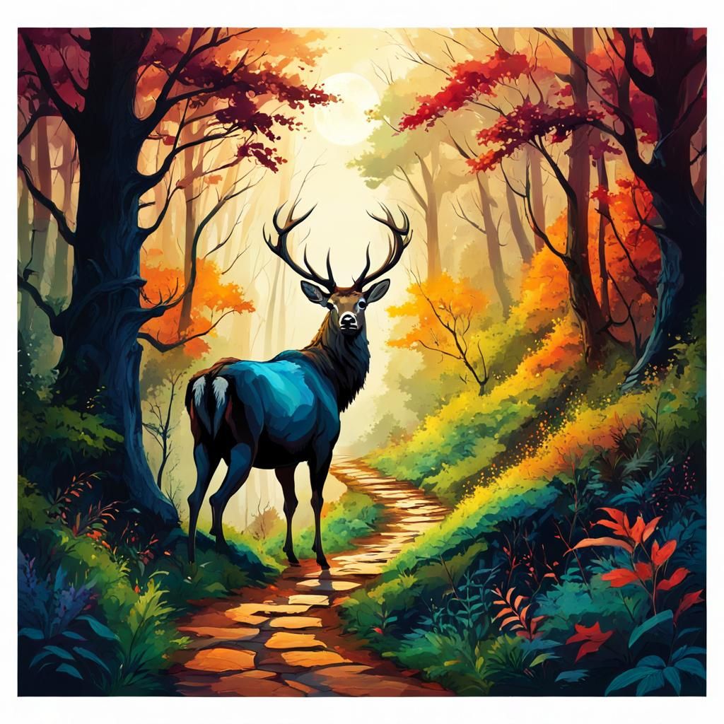 Majestic Stag Portrait in Moonlit Forest