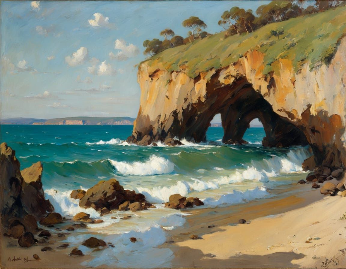 Coastal Cave Oil Painting in Pictorial Style