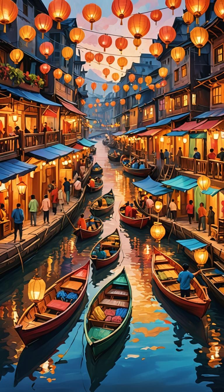 Bustling Floating Market: Vibrant Oil Painting