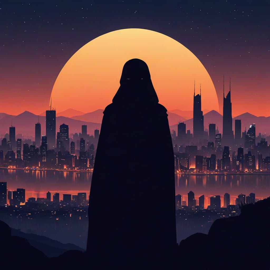 Surreal Arab Metropolis Night Scene with Silhouette Woman