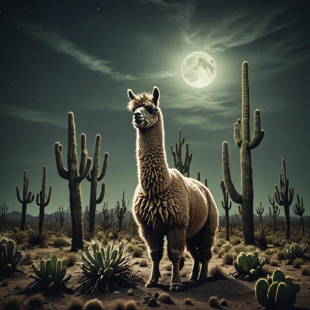 Alpaca Cactus in Dark Desert Dreamscape