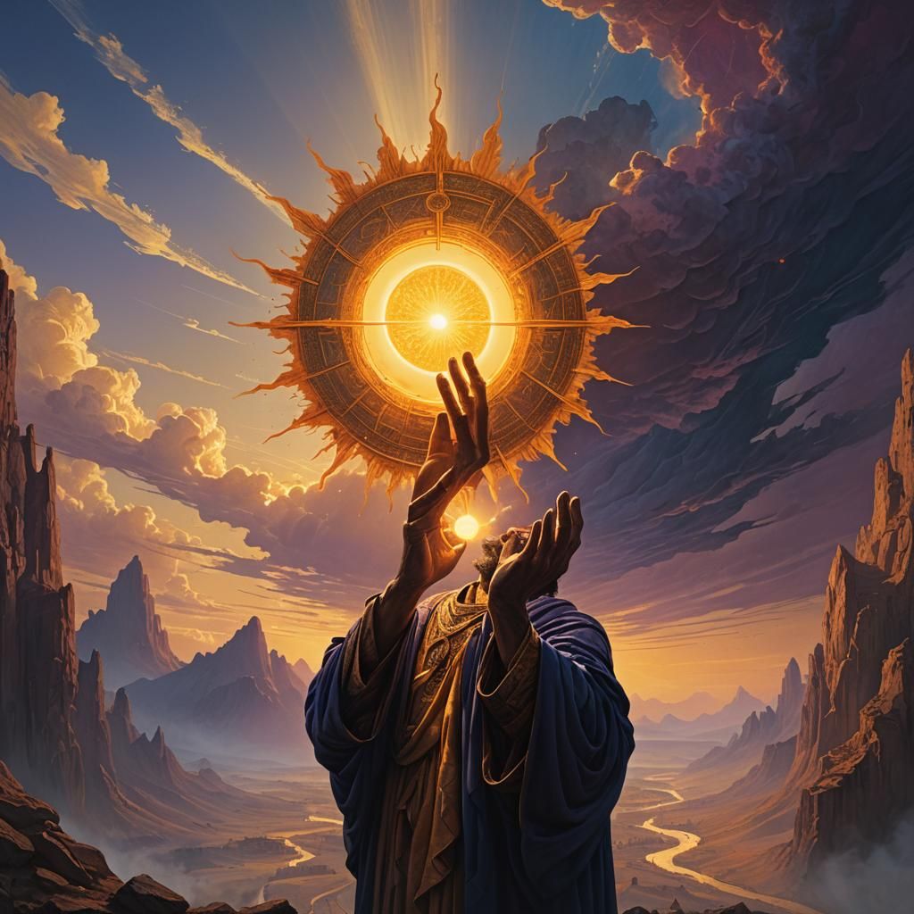 God Holding Sun in Surreal Fantasy Art Style