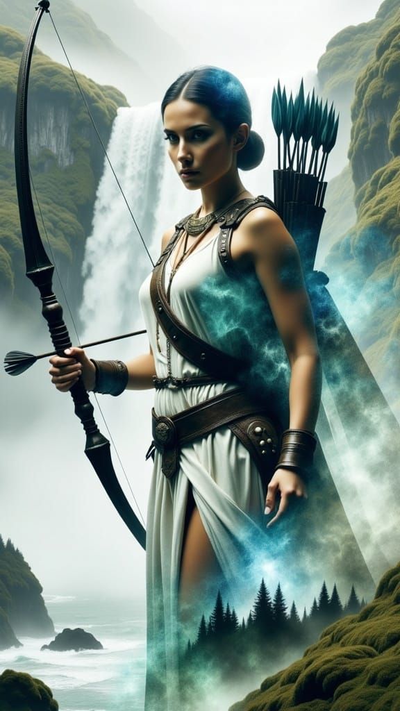 Surreal Goddess Dominates Waterfall Scene in Double Exposure