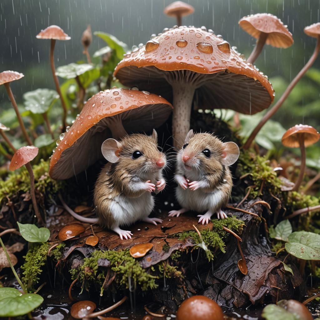 Baby Mice Sheltering Under Mushroom from Rain