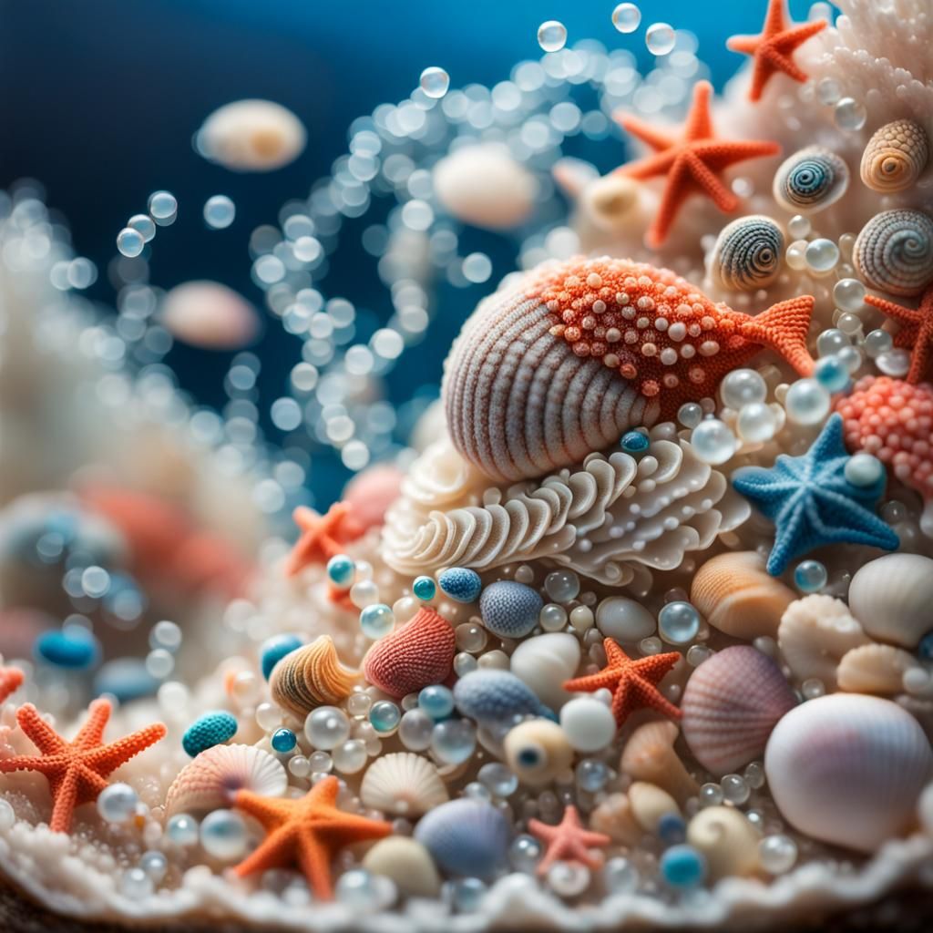 Knitted Art: Tiny Fish in Seashell with Coral