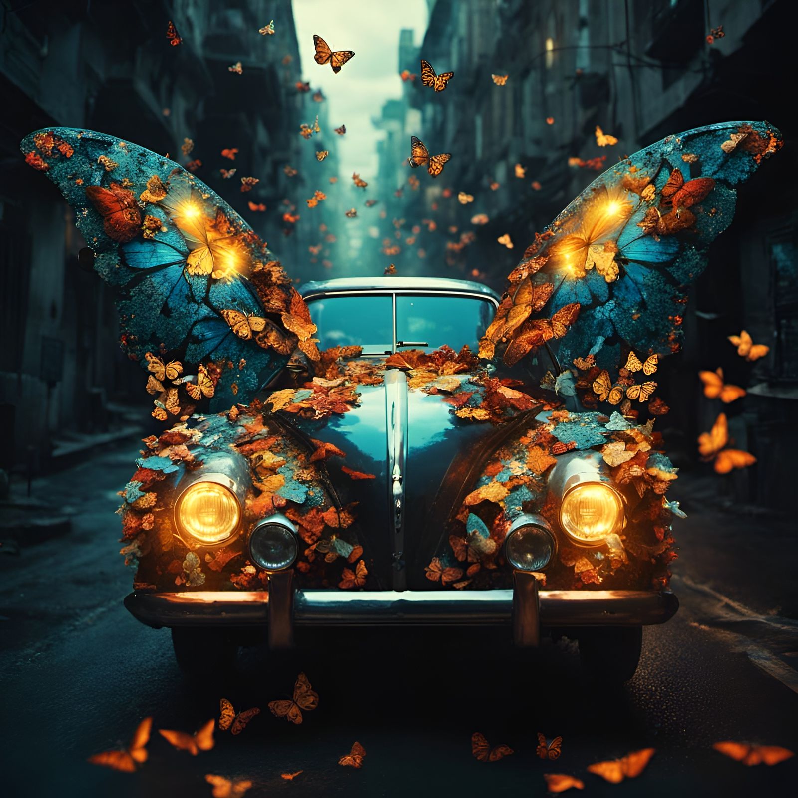 Butterfly Car with Glowing Wings in Cinematic Style