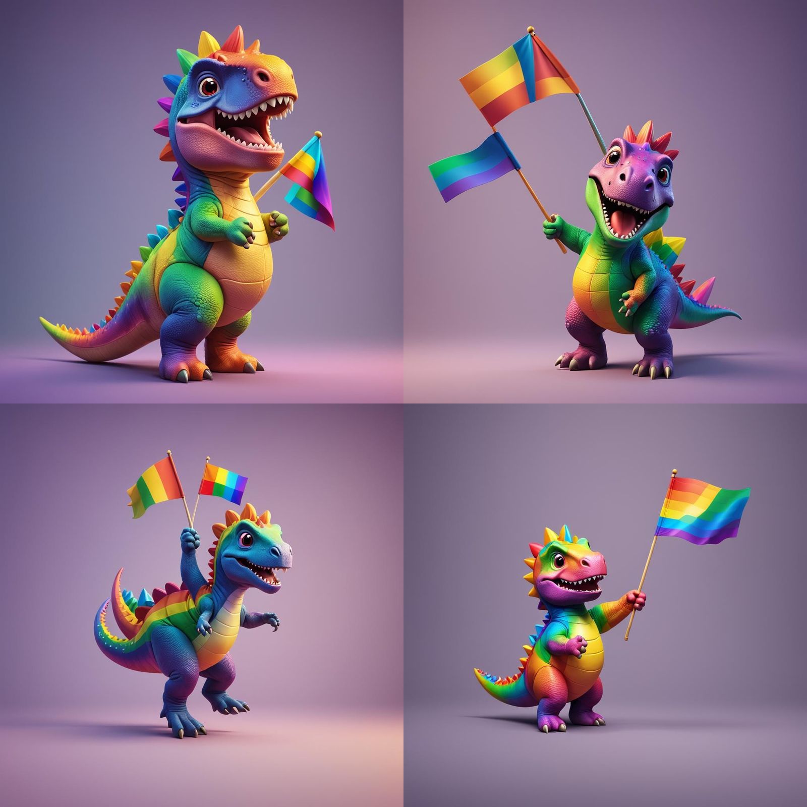 Rainbow Dinosaur with Flag in Pixar Style