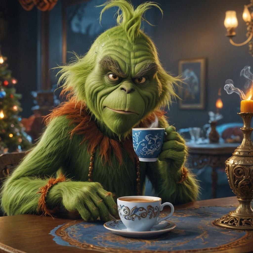 Grinch Coffee Break: Hyper-Realistic Digital Art