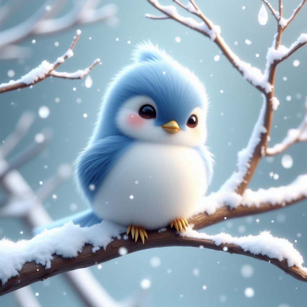 Fluffy Bluebird in Winter Snowfall: Matte Painting