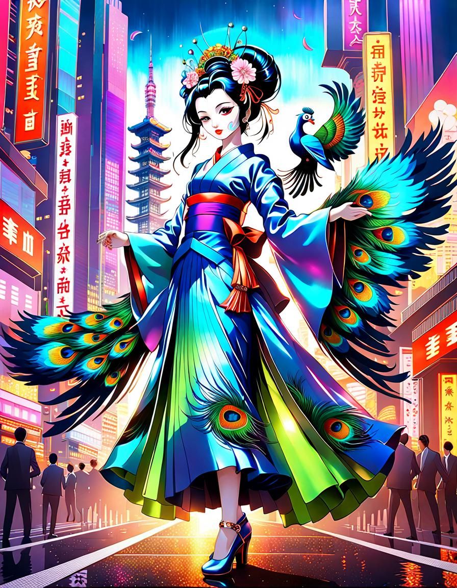 Geisha in Neon Metropolis: Anime-Style Poster