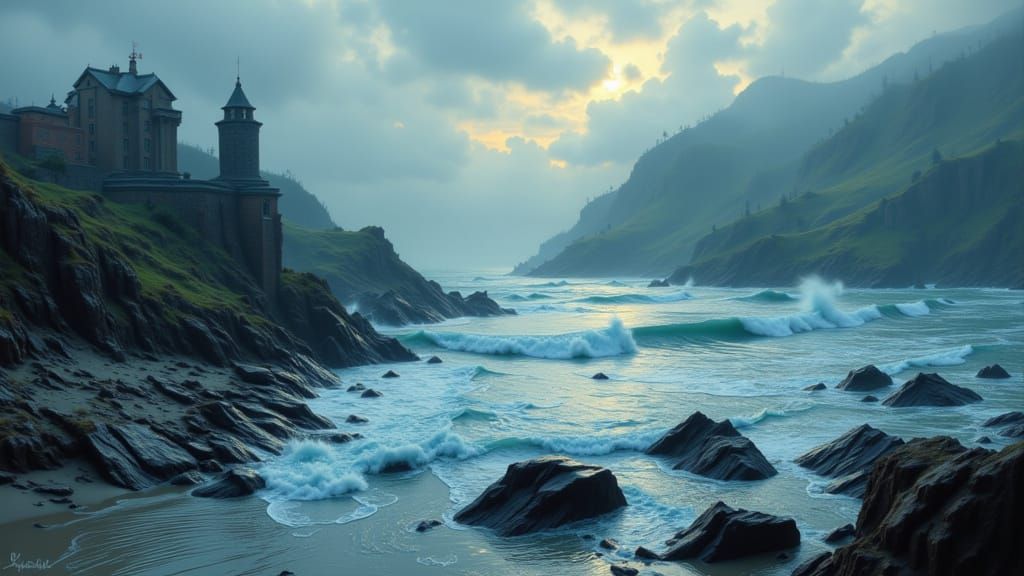 Surreal Seascape with Luminous Flux Wings