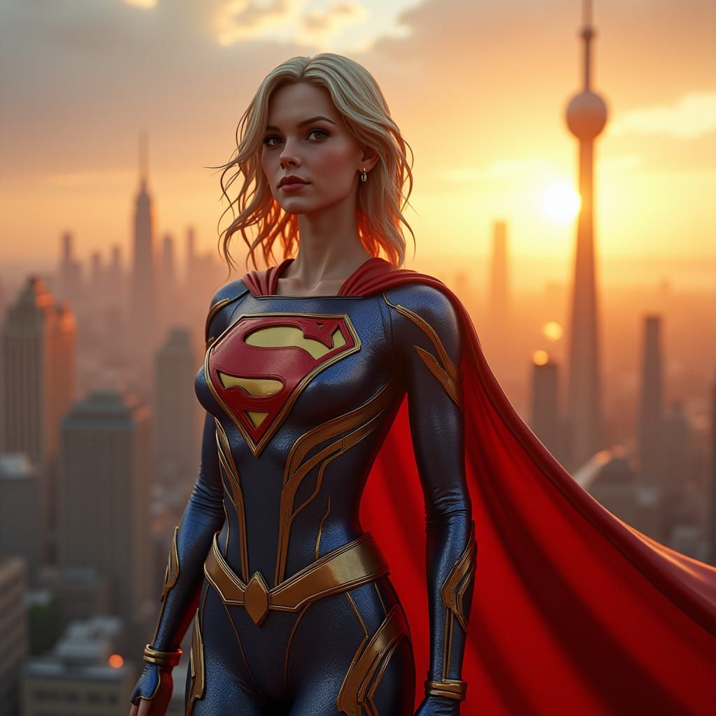 Supergirl in Futuristic Metropolis, 3D Rendered Model