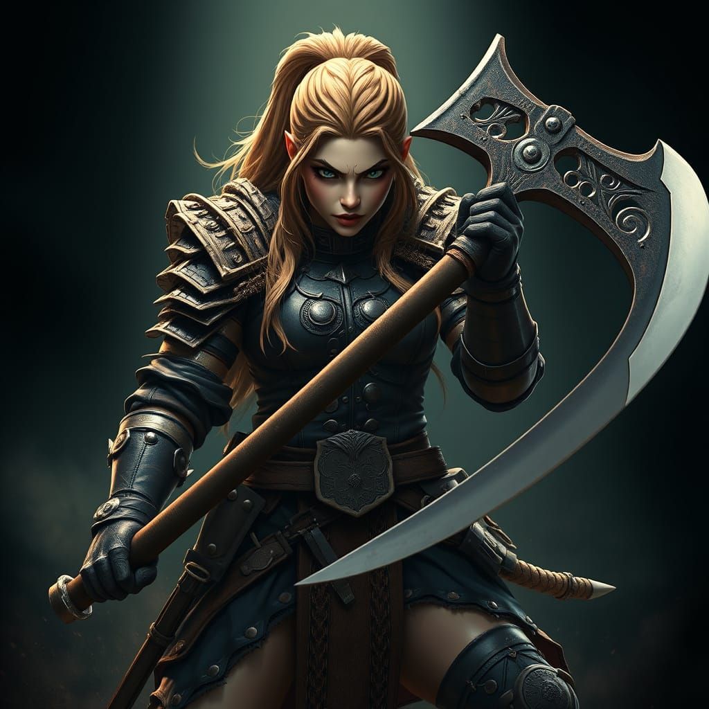 Epic Anime Warrior with Axe in Dark Fantasy Battle Scene