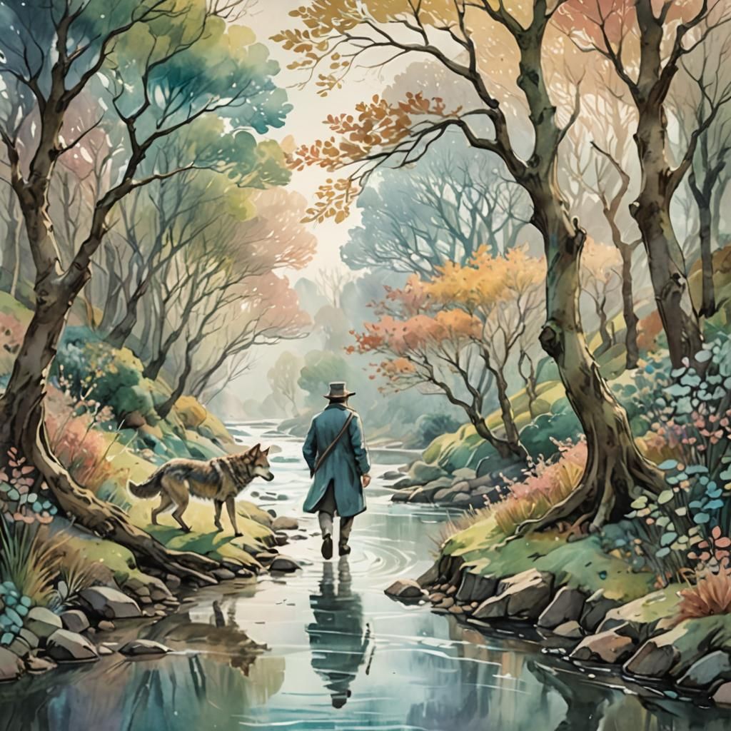 Man and Wolf by River, Pastel Watercolor Art