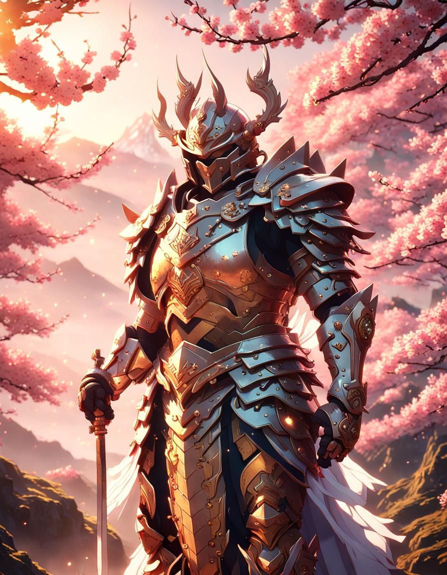Anime Warrior Amidst Cherry Blossoms in 3D