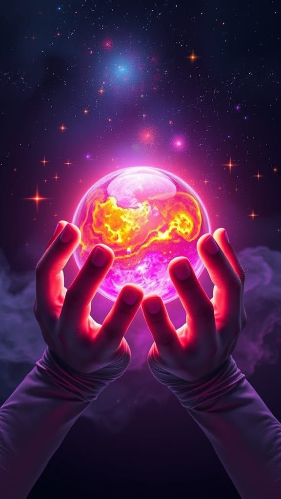 Ethereal Cosmic Scene with Glass Hands and Vibrant Crystal B...