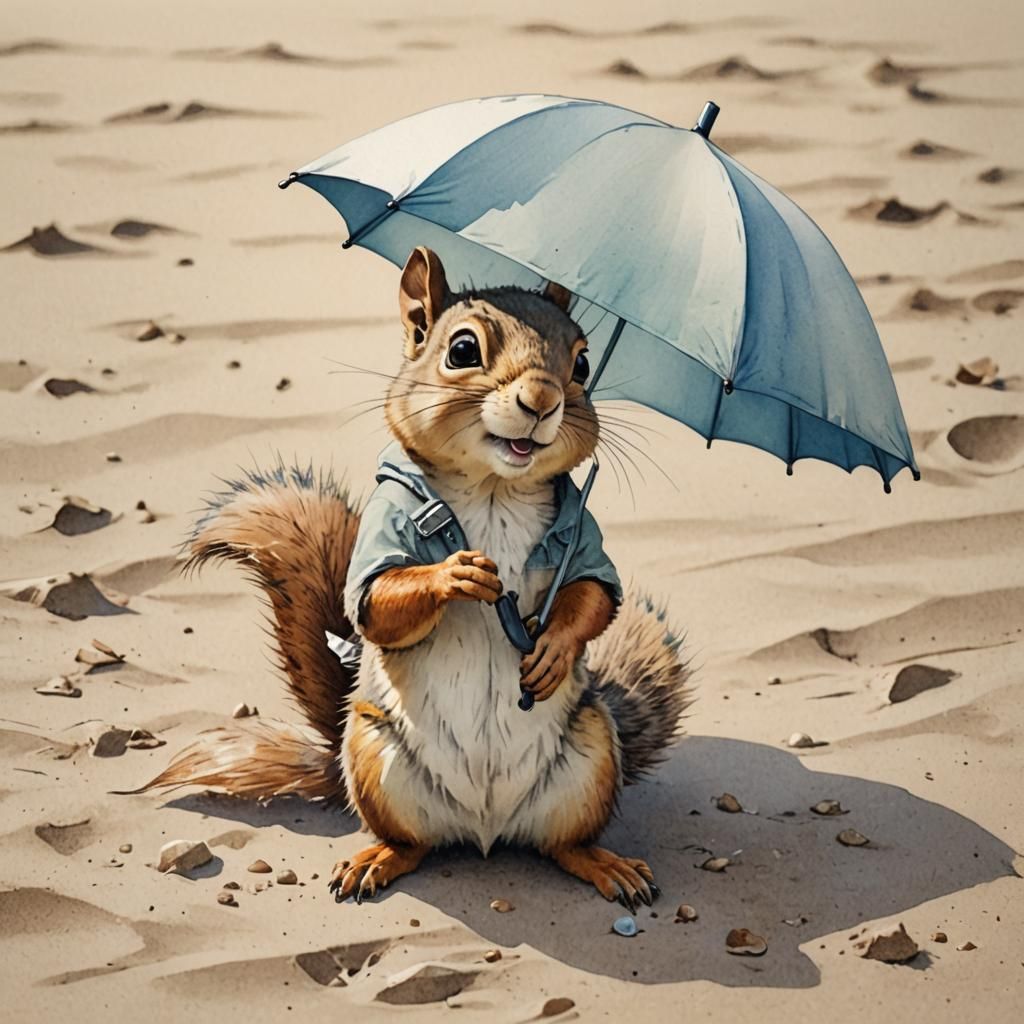 Cute Squirrel Under Umbrella on Beach, Pixar Style