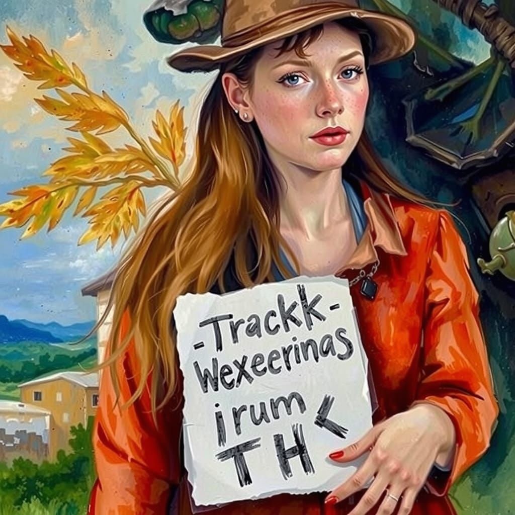 Woman with Indecipherable Sign in Gouache Style