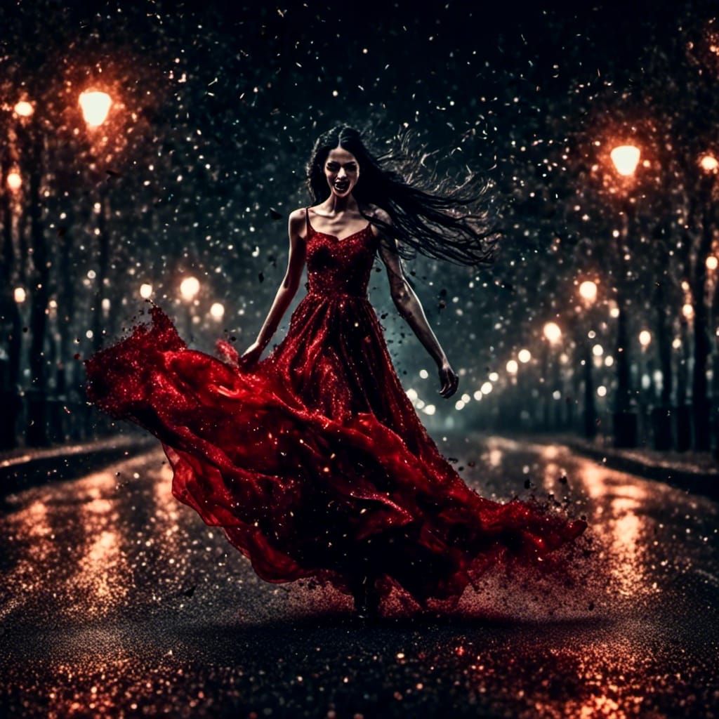 Vampire in Red Dress Running at Night