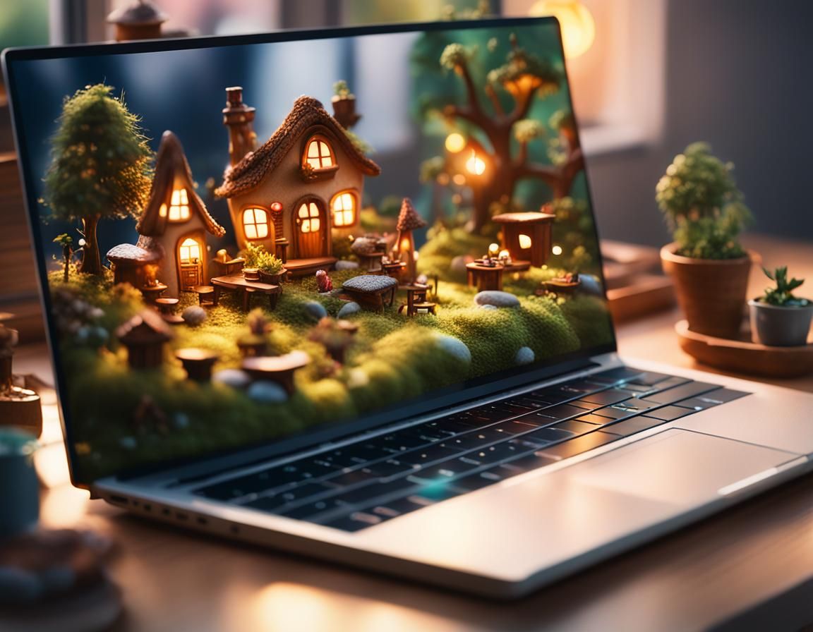 Fairy village in a laptop on a table in a modern bedroom