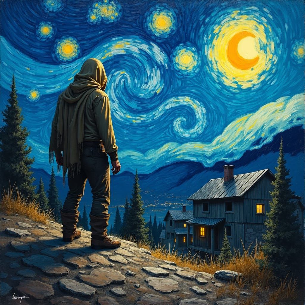 Post-Apocalyptic Survivor Gazing at Starry Night as Impasto ...