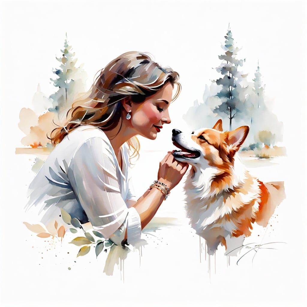 Whimsical Portrait of a Woman Kissing her Corgi in a Heart-S...