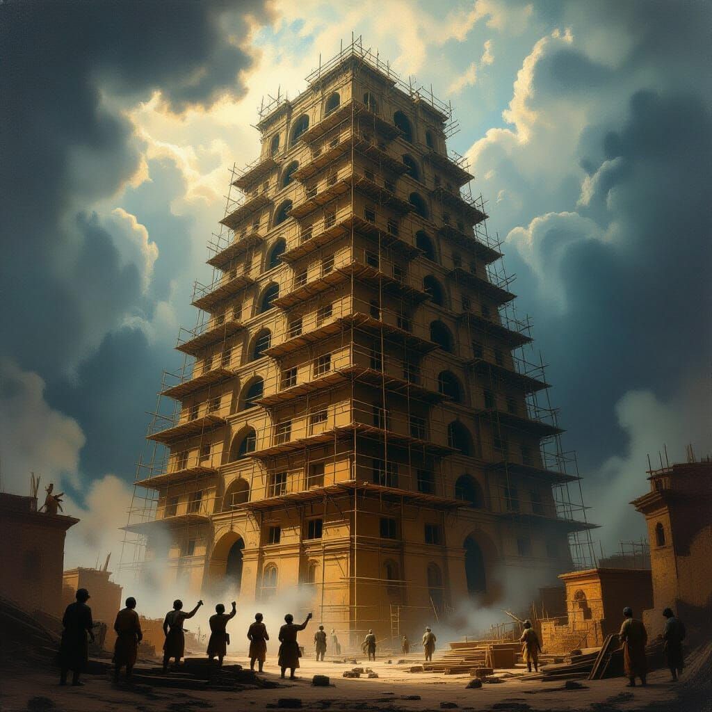 Tower of Babel Construction Under Stormy Skies