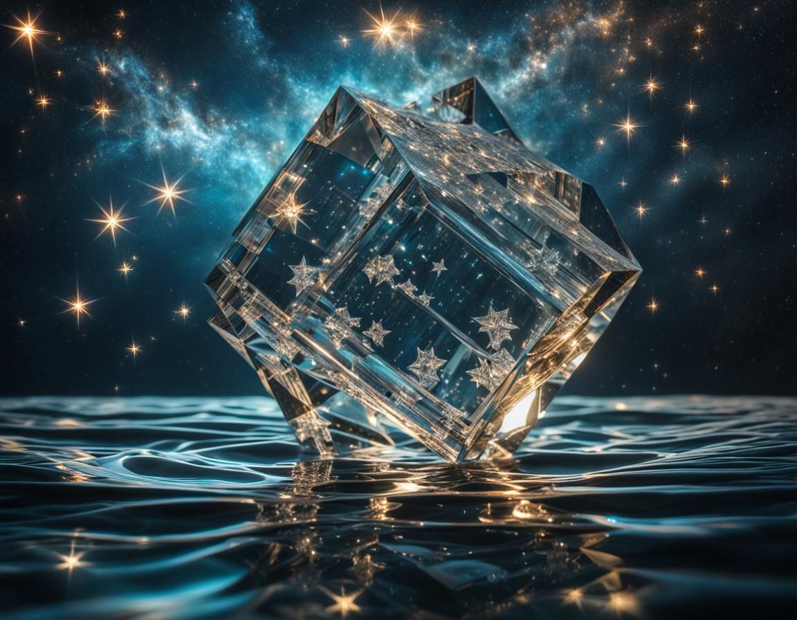 Stars Reflecting in Crystal Sculpture on Ocean Waves