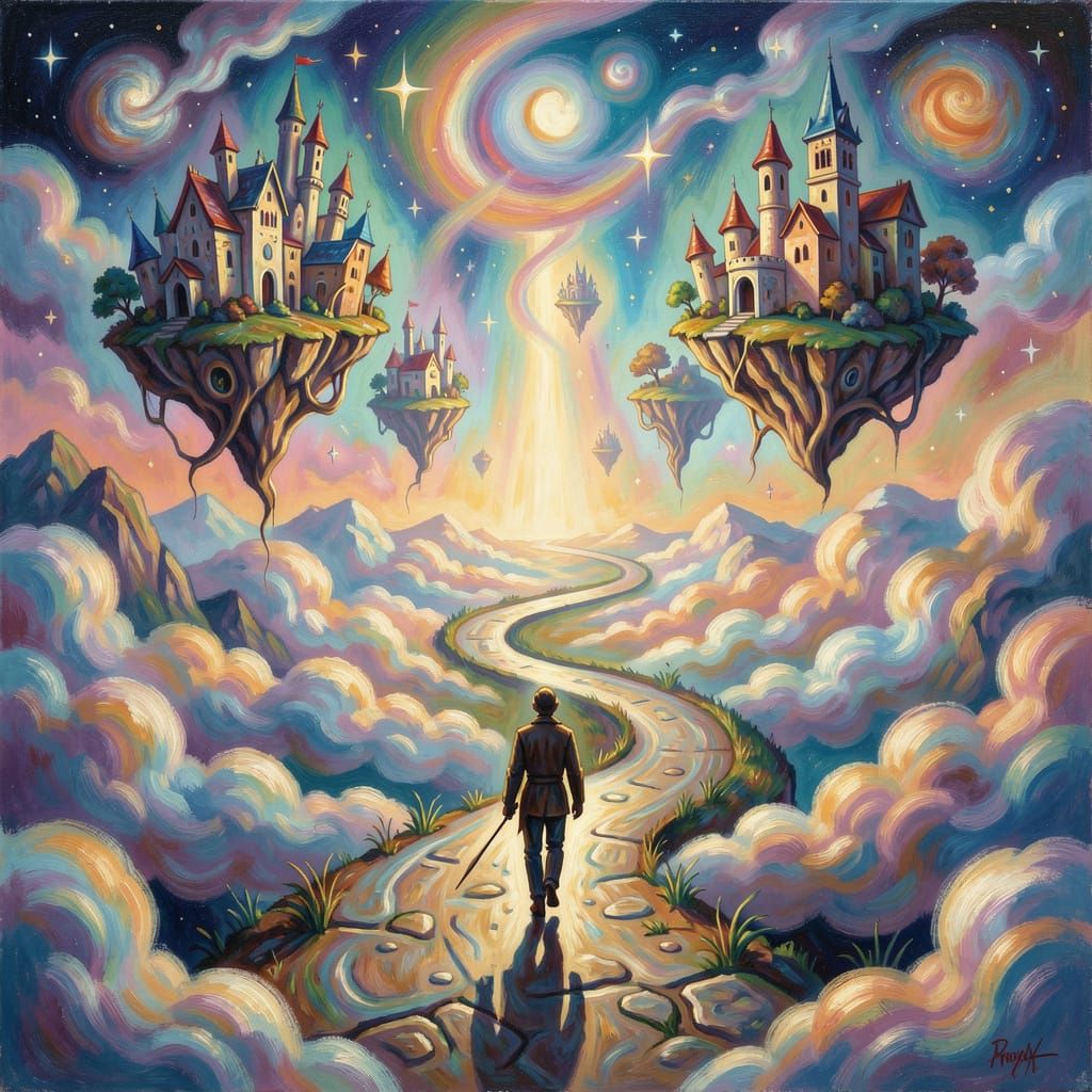 Surreal Dreamscape: Path to the Stars in Oil Painting Style