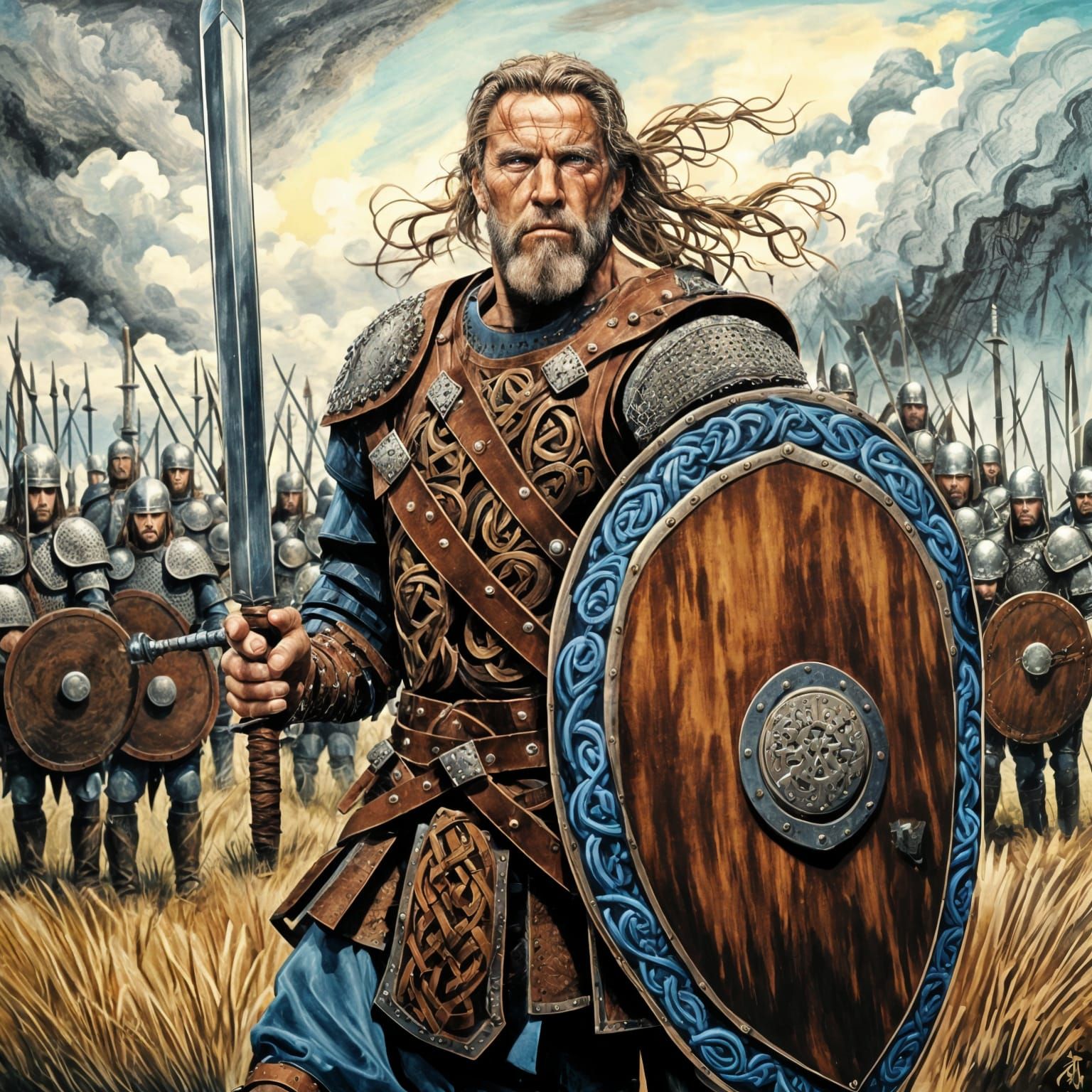 Celtic Warrior on Battlefield as Oil Painting