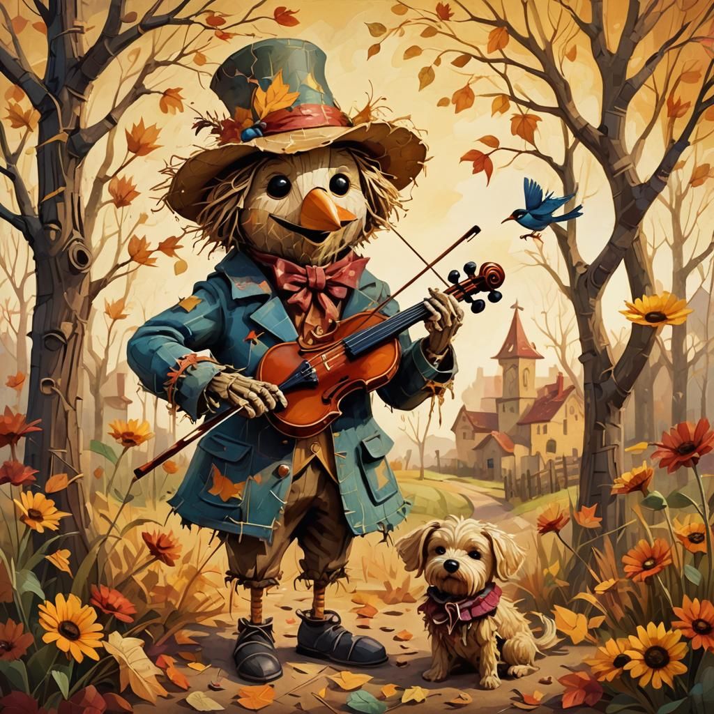 Charming Scarecrow Plays Violin in Whimsical Cartoon