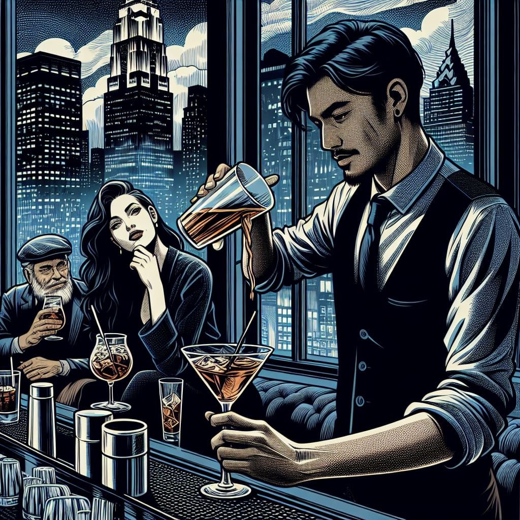 Neo-Noir Bartender in New York Lounge