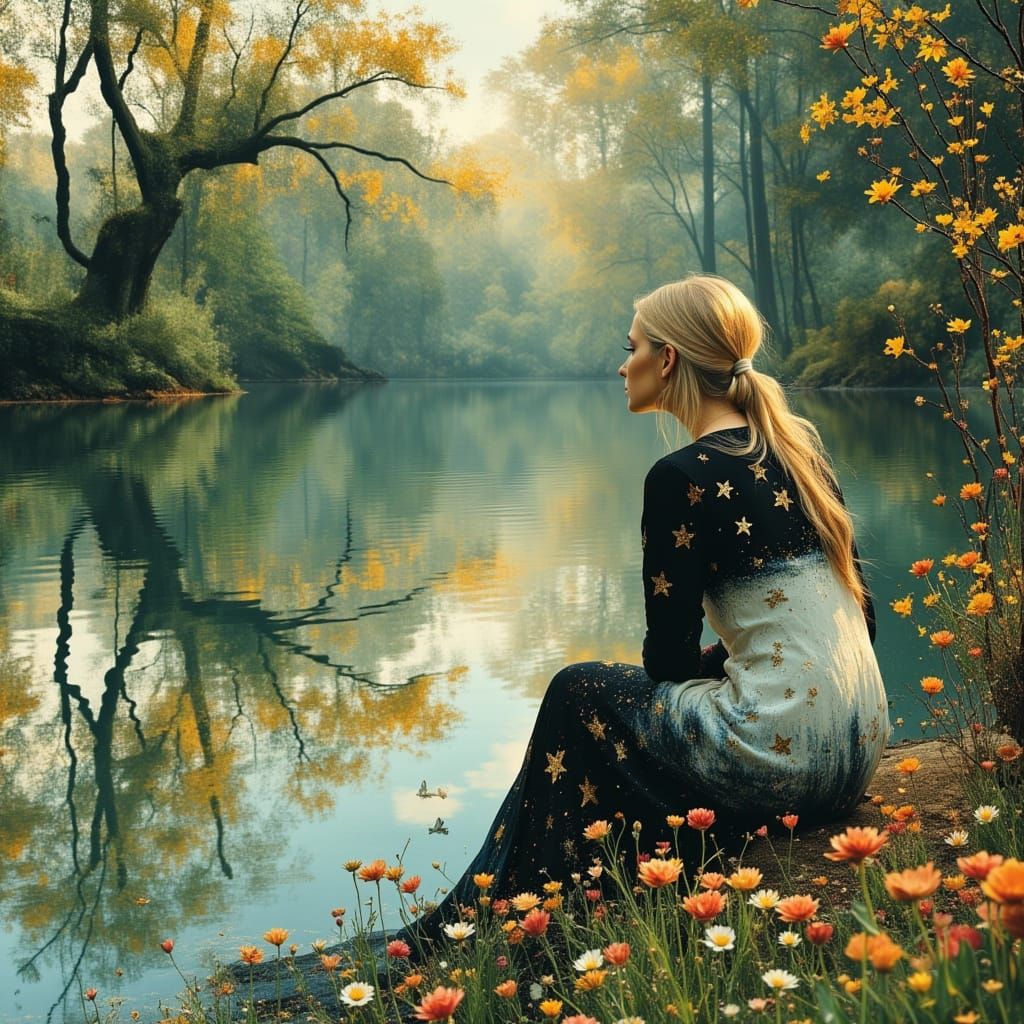 Blonde Woman Reflecting by River in Dreamy Art