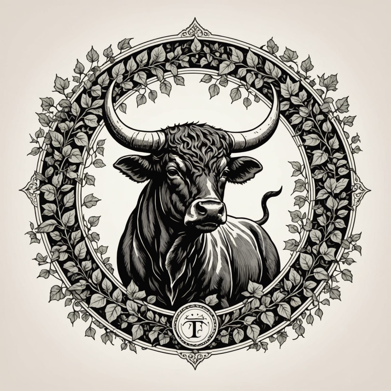 Taurus Bull Illustration in Vintage Botanical Etching Style