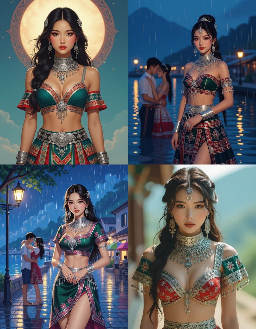 A full body of a beautiful Hmong women with a curvy figure is wearing traditional clothing, short sleeves, short crop to...