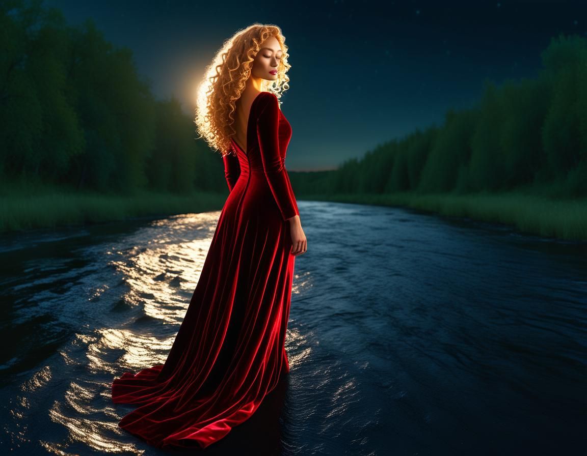 Woman in Red Gown Under Midnight Sun