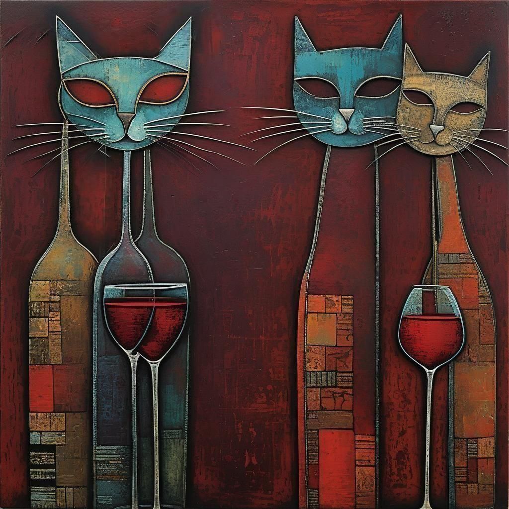 Stylized Cats Sipping Wine, Art Brut Style