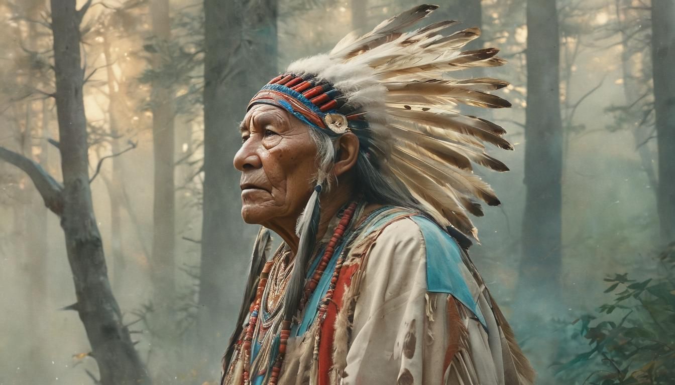 Serene Native American Elder in Misty Forest