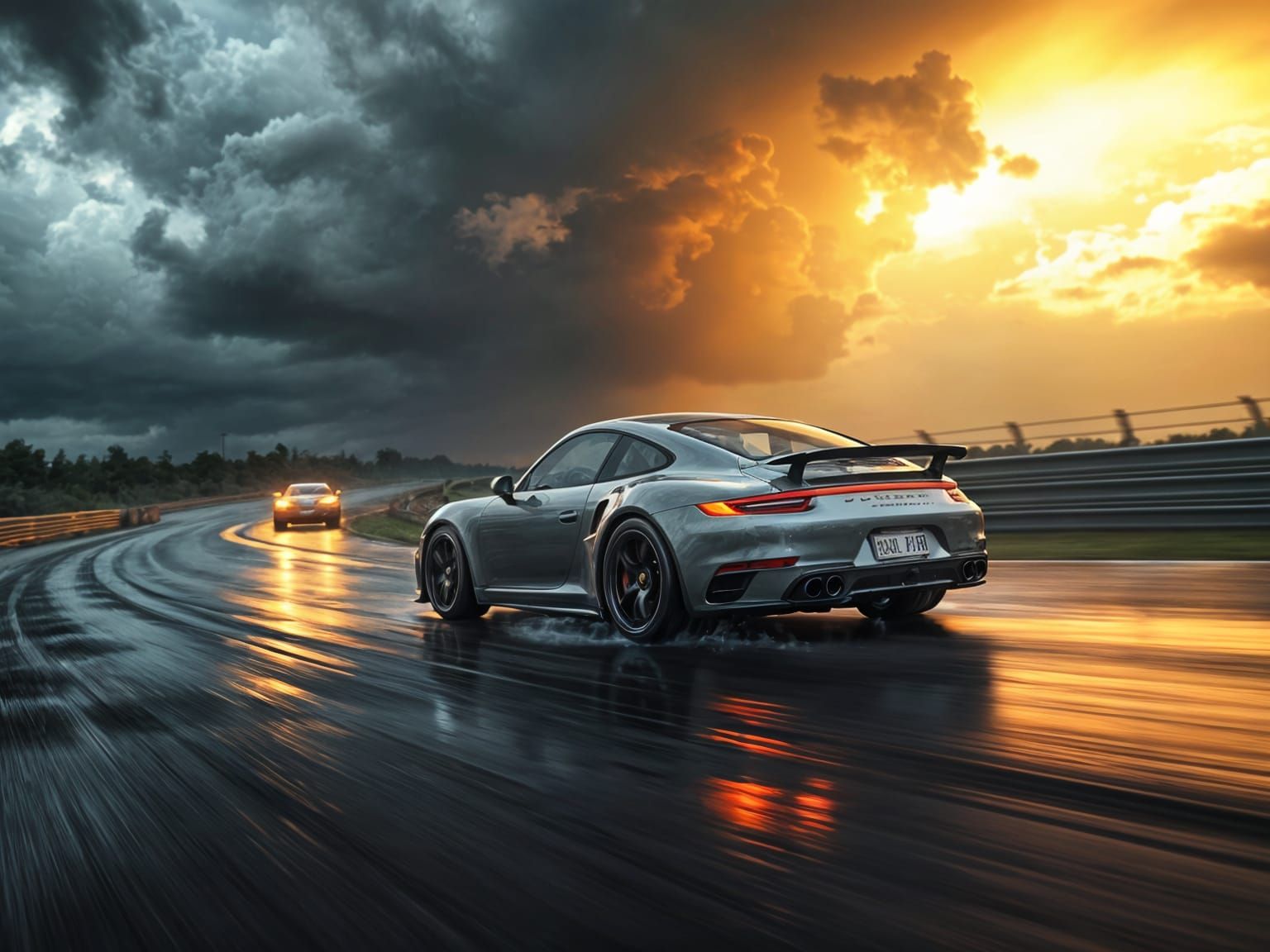 Photorealistic Porsche 911 Racing Down the Track in the Rain