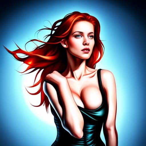 Hyperrealistic Redhead with Green Eyes and Red Dress