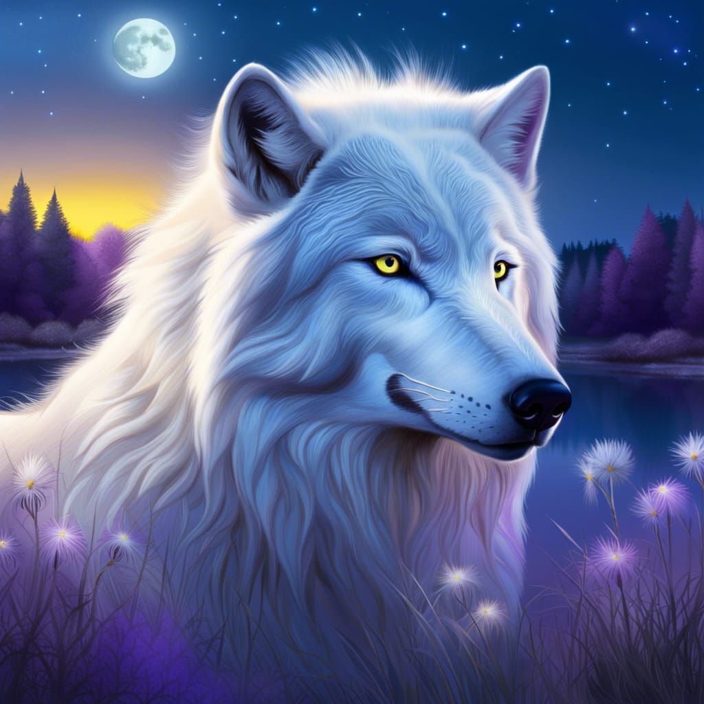 Majestic White Wolf with Silver Crown in Dreamy Meadow