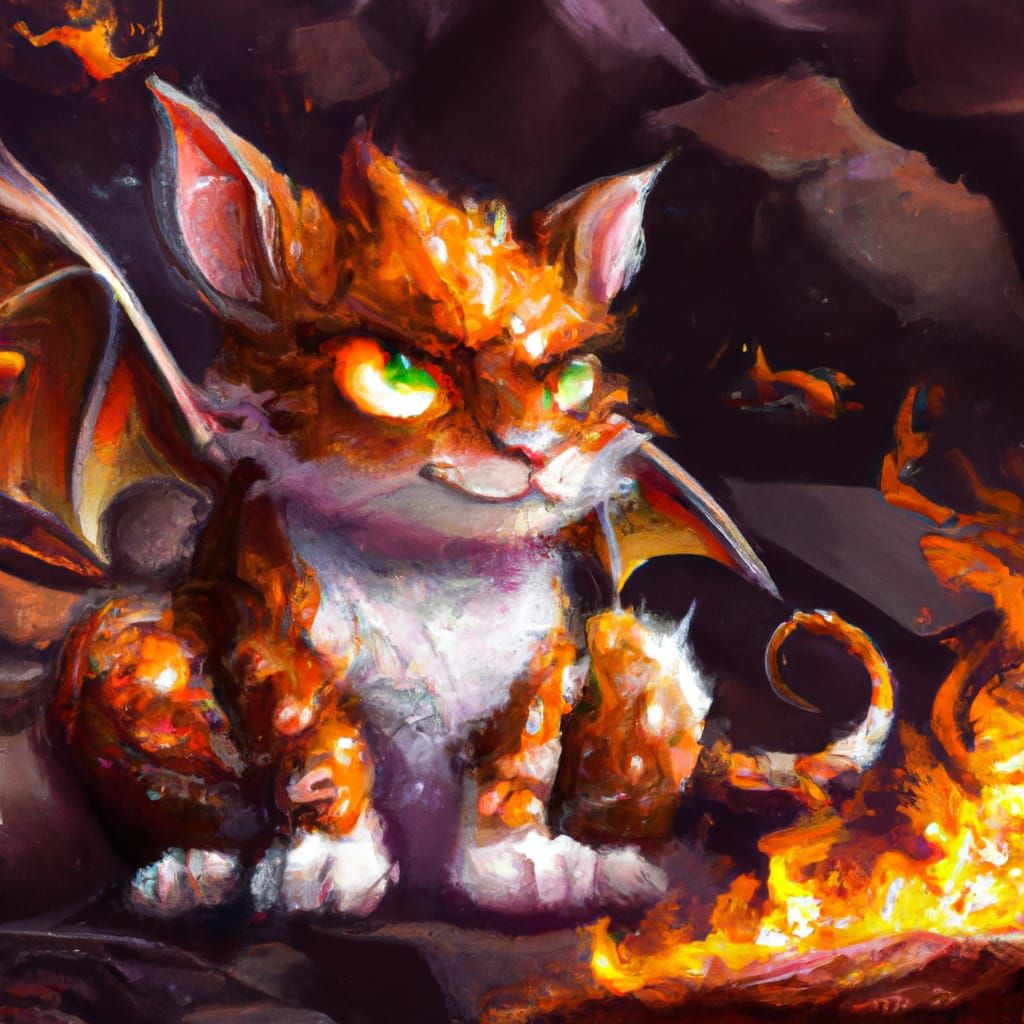 Cute Dragon Cat in Fire: Astral Cosmic Oil Painting