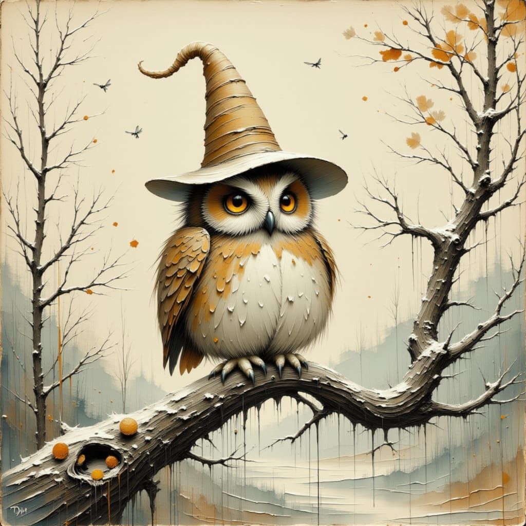Wise Owl in Wizard Hat Surveys Autumn to Winter Landscape